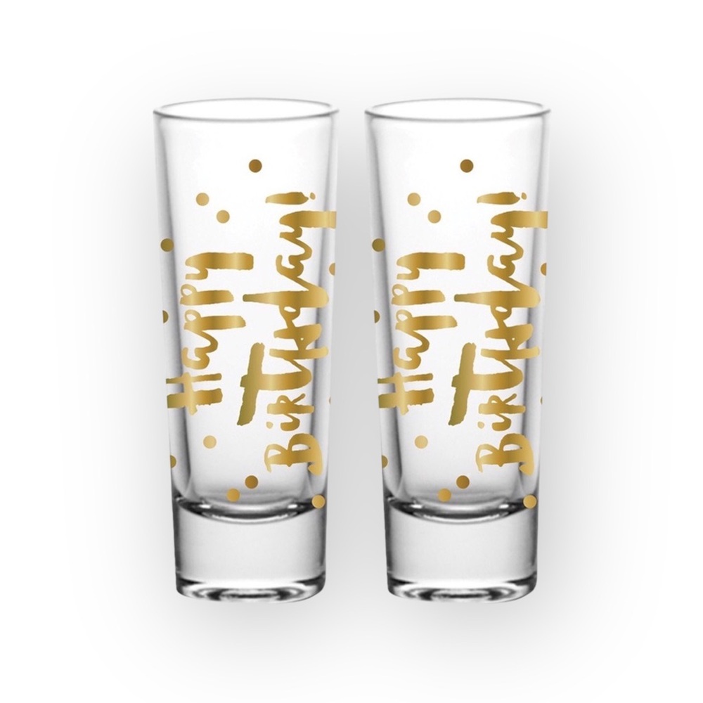 new Happy Birthday Shot Glass Set of 2 ✶ Double Shot Glasses ✶ Gold Foil Print ✶ - Picture 4 of 16